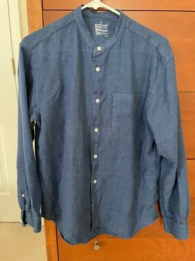 Muji Navy Button-Up Shirt with Mandarin Collar